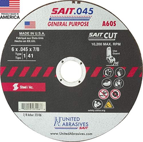 United Abrasives-SAIT 23106 A60S General Purpose Cut-Off Wheels (Type 1/Type 41 Flat) 6" x .045"x 7/8", 50-Pack