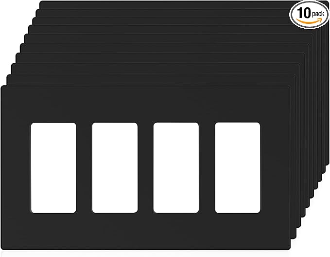 ELEGRP 4-Gang Screwless Decorative Wall Plates, Mid-Size Unbreakable Thermoplastic Faceplate Cover for Decorator Receptacle Outlet Switch, UL Listed (10 Pack, Matte Black)