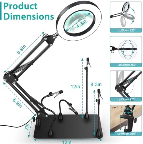 Helping Hands Soldering Station, 12X Magnifying Glass with Light with Phone Holder, 4 Magnetic Third Hand Soldering Tool, PCB Holder Magnifier Desk Lamp for Soldering Repair Jewelry Crafts