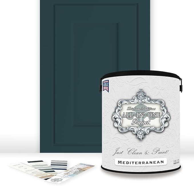 ALL-IN-ONE Paint by Heirloom Traditions, Mediterranean (Blue Teal), Gallon - Durable cabinet and furniture paint. Built in primer and top coat, no sanding needed. Includes our 30 featured color card.