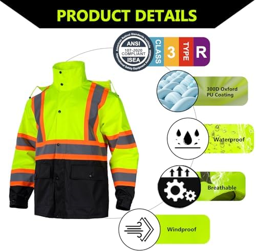 Class 3 High Visibility Rain Suit With Detachable Hood Waterproof Lime Reflective Safety Worker Jacket & Pants (L/XL Yellow)