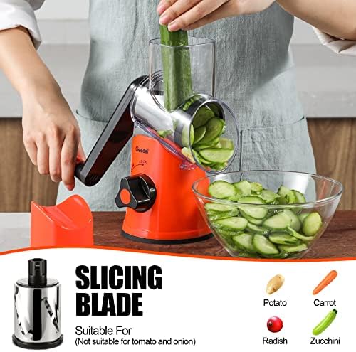 Geedel Rotary Cheese Grater, Kitchen Mandoline Vegetable Slicer with 3 Interchangeable Blades, Easy to Clean Rotary Grater Slicer for Fruit, Vegetables, Nuts