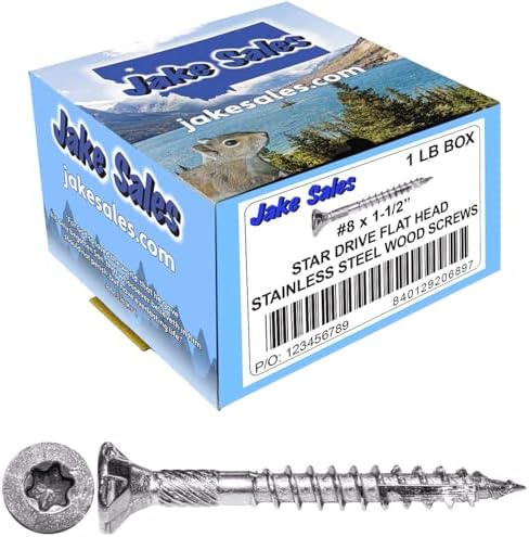 Jake Sales #8 x 1-1/2" Silver Star Stainless Steel Wood Screw Torx/Star Drive Head - Grade 305 Stainless Steel Torx/Star Drive Wood Screws - CASE Qty 42 Boxes 8,274 Screws