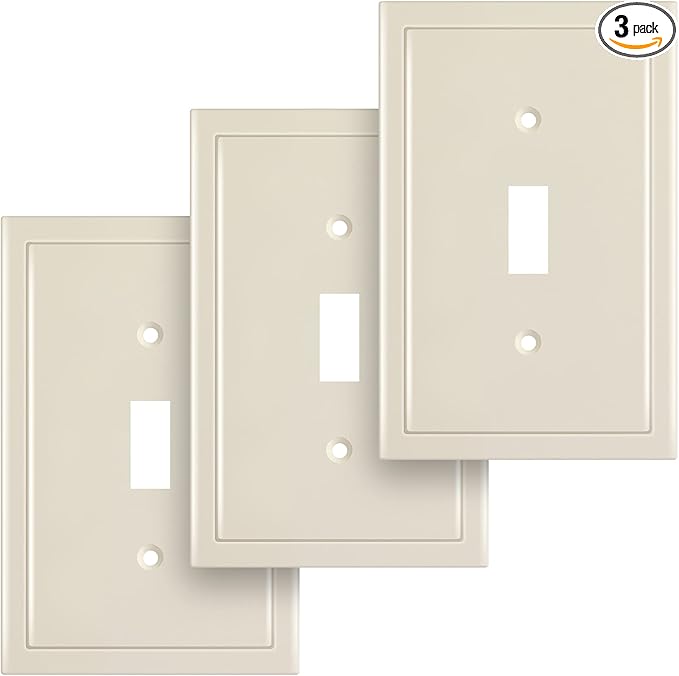Henne Bery Modern Edge Decorative Wall Plate Switch Plate Outlet Cover, Durable Solid Zinc Alloy (Single Toggle 3PK, Light Almond)