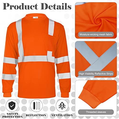 Amylove 4 Pcs Long Sleeve High Visibility Safety Shirts,XXL,Orange