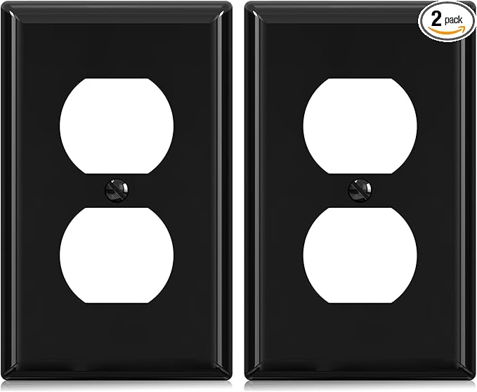ELEGRP Duplex Receptacle Outlet Covers, 1-Gang Standard Size Wall Plates, Unbreakable Polycarbonate Dual Outlet Faceplates Covers, UL Listed, Color-matched Screws Included (2 Pack, Glossy Black)