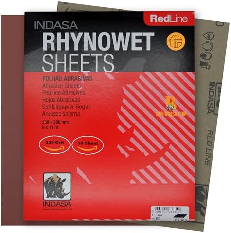 Indasa 50 PCS Redline Full Sheets 9"x11" Wet & Dry Sanding Sheets Series 6 – Rhynowet – 220-Grit – Waterproof Latex Backing