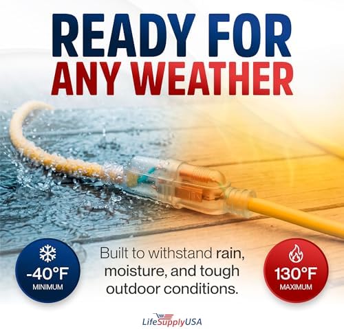 50ft Outdoor/Indoor Extension Cord 10/3 Gauge Ultra Heavy Duty 3 Prong SJTW, Waterproof, Flexible Cold-Resistant Long Power Cord,15A 125V 1875W, Yellow by LifeSupplyUSA