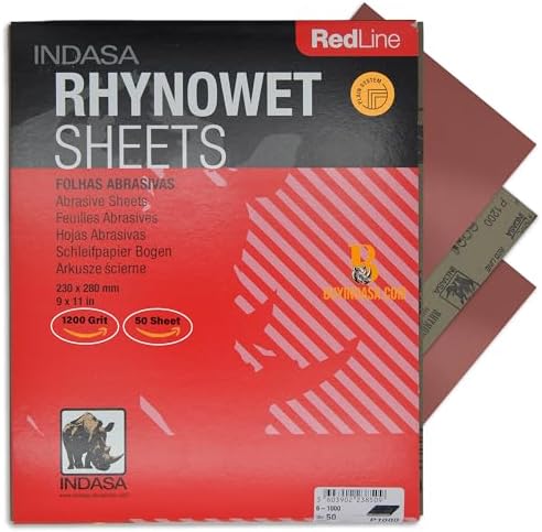 INDASA Rhynowet Red Line Wet Dry Sanding Sheets 9 x 11 Inch 1200 Grit Waterproof Latex Backing Abrasive Paper for Wood Metal Automotive Surface Prep Pack of 50