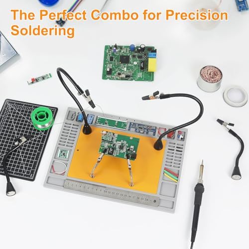 NOEVSBIG Magnetic Helping Hands Soldering Station with Large Base, Heat-Resistant Mat, 6 Flexible Arms, Cutting Mat & Ruler – Versatile Helping Hands Tool for DIY, Electronics Repair, and Crafting