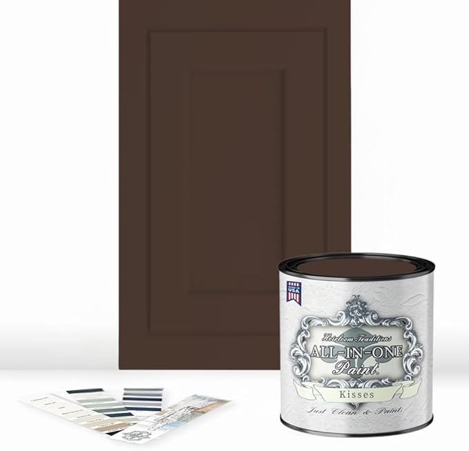 ALL-IN-ONE Paint by Heirloom Traditions, Kisses (Chocolate Brown), Quart - Durable cabinet and furniture paint. Built in primer and top coat, no sanding needed. Includes our 30 featured color card.