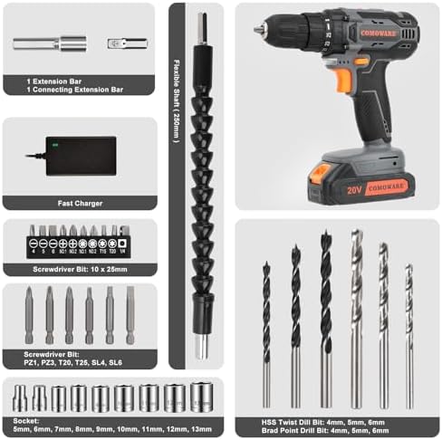 COMOWARE Cordless Drill Set, 20V Electric Power Drill Set,1 Battery & Charger, 3/8" Keyless Chuck, 2 Variable Speed, 266 In-lb Torque, 25+1 Position, Orange