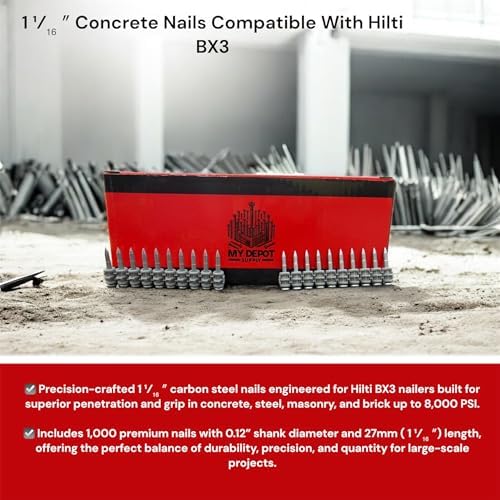 1¹⁄₁₆″ Concrete Nails Compatible With Hilti BX3-1,000 Count Flat Head Shoot-Drive Nails with 20µm Galvanized Zinc Coating - Heavy-Duty Construction Fasteners for Commercial & Residential Projects