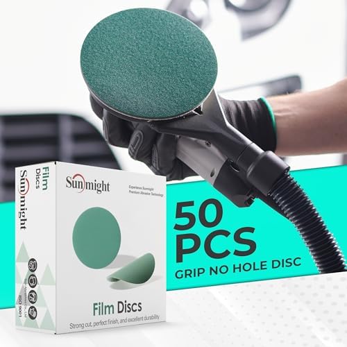 Sunmight Film Grip No Hole 3 Inch Sanding Discs - 150 Grit, Premium Aluminum Oxide - Strong Film Backing for Automotive, Marine, Wood & Metal Applications - Excellent Cutting and Long Life (50 Pcs)