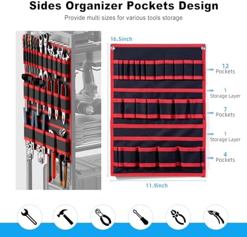 JUNNUJ Power Tool Organizer Cart with Charging Station, 6 FT Cord, Red