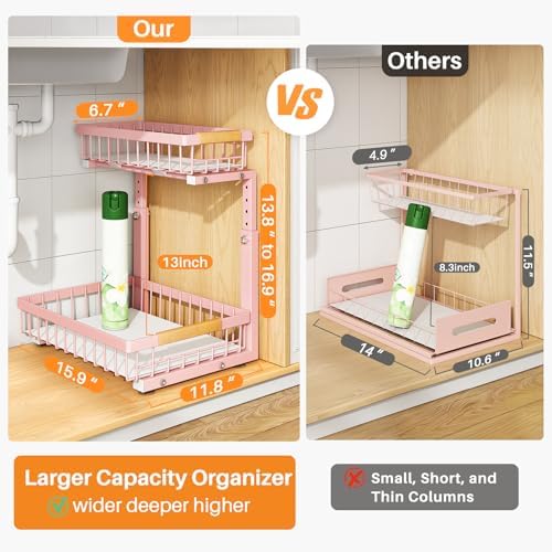 PXRACK Under Sink Organizer, Adjustable Height, 2 Tier Pull Out Under Cabinet Organizer, Slide Out Thickened Metal Under Sink Storage for Kitchen Bathroom Laundry Pantry Cabinet, Pink, Large-2-Pack