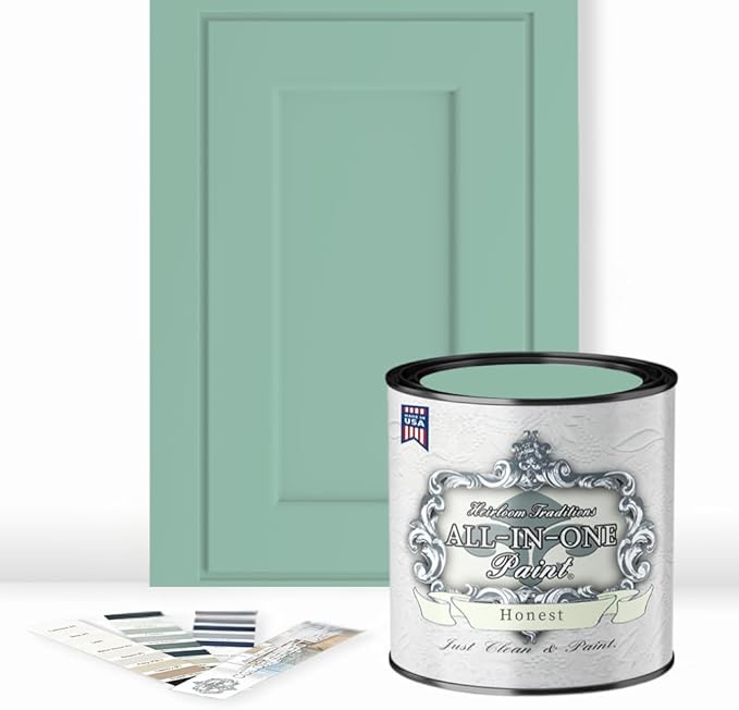ALL-IN-ONE Paint by Heirloom Traditions, Honest (Mint Green), Quart - Durable cabinet and furniture paint. Built in primer and top coat, no sanding needed. Includes our 30 featured color card.