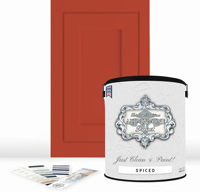 ALL-IN-ONE Paint by Heirloom Traditions, Spiced (Rustic Orange), Gallon - Durable cabinet and furniture paint. Built in primer and top coat, no sanding needed. Includes our 30 featured color card.