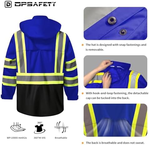 Reflective Rain jackets for men waterproof,Hi Vis Safety Coat With Reflective Strips，High Visibility Class 3 Rain jackets With 2 large pockets，Zipper,Blue,2XL/3XL
