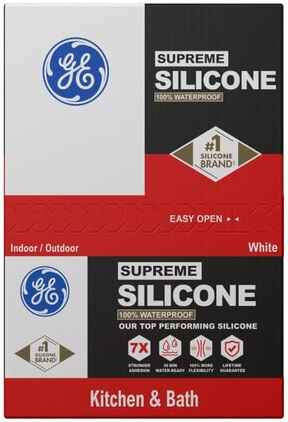 GE Supreme Silicone Caulk for Kitchen & Bathroom, White, 10 fl oz Cartridge, 12 Pack - 100% Waterproof Silicone Sealant, 7X Stronger Adhesion, Shrink & Crack Proof