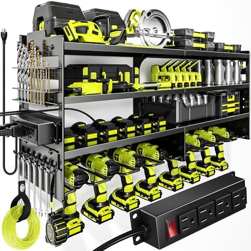 POKIPO Large Power Tool Organizer Wall Mount with Charging Station,4 Layer Heavy Duty Metal Tool Storage Rack Loads 600lbs with 8 Cordless Drill Holder,Battery Utility Rack Loads with 4 Power Strip