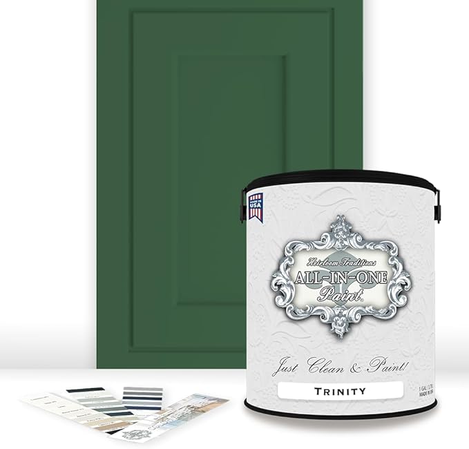 ALL-IN-ONE Paint by Heirloom Traditions, Trinity (Green), Gallon - Durable cabinet and furniture paint. Built in primer and top coat, no sanding needed. Includes our 30 featured color card.