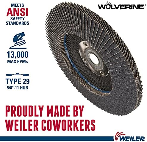 Weiler 31352 Wolverine 4-1/2" x 5/8"-11 UNC NUT Abrasive Flap Disc, 80 Grit Zirconia Alumina, Bevel Type 29, Phenolic Backing, Standard Density (Pack of 10)