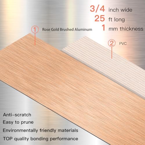 GSCIT Club Rose Gold Edge Banding, 3/4 Inch x 25ft Aluminum Brushed Edge Banding PVC Edge Trim for Cabinet Repair Furniture