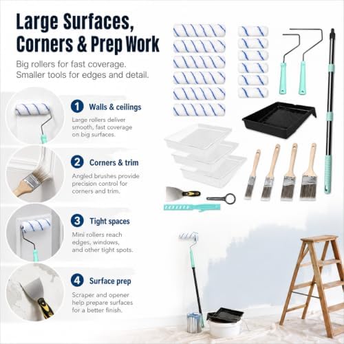 32PCS Paint Roller Kit with Adjustable Extension Pole, Microfiber Rollers, Paint Brushes, Tray Liners, Painter’s Tape and Drop Cloth for Walls, Ceilings, Furniture and Home Improvement Projects