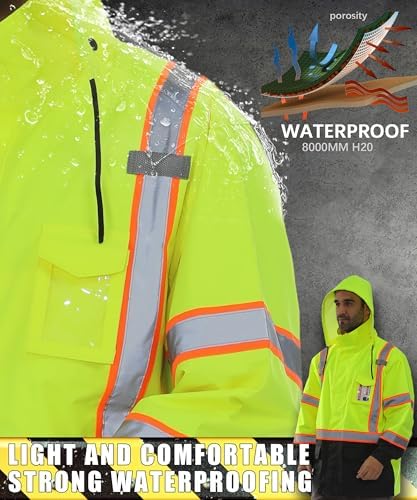 Hi Vis Safety Rain Jacket for Men Women Waterproof Breathable Rain Gears with Mesh Lining Black Bottom Lightweight Work Jacket (S/M)