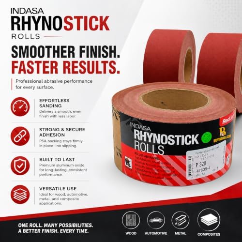 Indasa 2.75" PSA Sandpaper Roll - Rhynostick 80-Grit 27 Yard Long Continuous Roll, Self-Adhesive Stickyback Sand Paper for Woodworking, Automotive, Metal (Aluminum Oxide Plus Lubricant), Redline