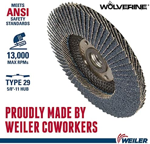 Weiler 31351 Wolverine 4-1/2" x 5/8"-11 UNC NUT Abrasive Flap Disc, 60 Grit Zirconia Alumina, Bevel Type 29, Phenolic Backing, Standard Density (Pack of 10)