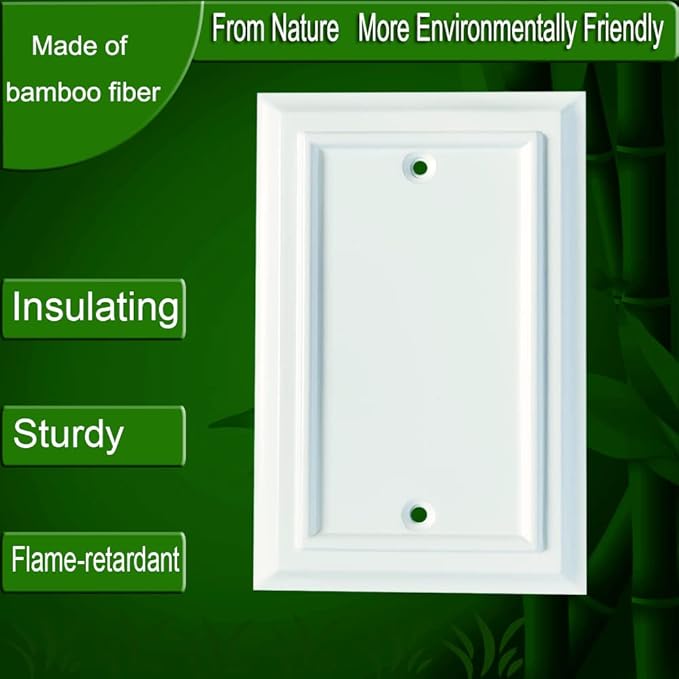 Wall Plates, Duplex Outlet Covers, Toggle Light Switch Plates, Decorator Light Switch Cover, Bamboo Fiber Material Wall Plate, Standard Size Wall Plates of various styles, White (1 Gang Blank 4 Pack)