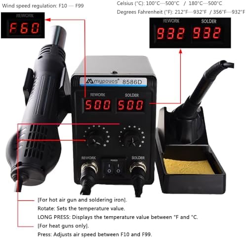 8586D 110V Solder Station, 2 in 1 LCD Dual Digital Display SMD Hot Air Gun Rework Station and Soldering Iron,750W