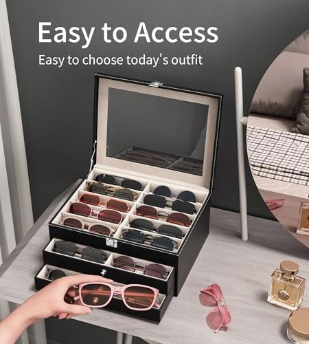 NEWLOOP 10/30 Slots Sunglass Organizer for Multiple Pairs of Eyeglass See-through Display Case Storage Box for Women Men