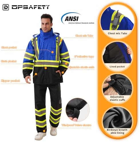 Hi Vis Safety rain Jacket，Reflective Class 3 Rain coat with Inner Mesh Lining and Pockets High Visibility Waterproof work Rain Suits for men&women（Blue,SM/MD）