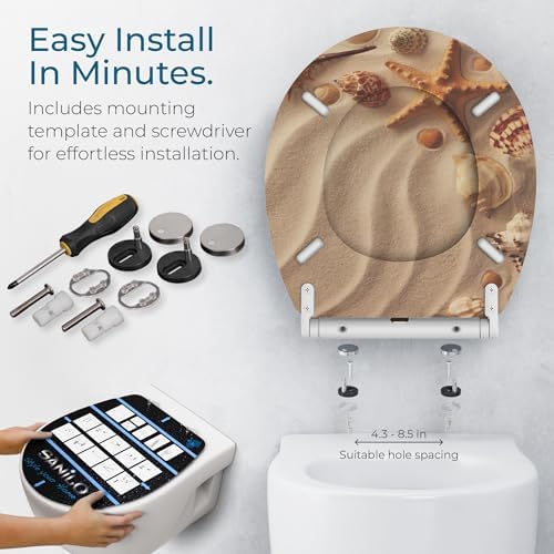 Sanilo Wooden Toilet Seat with Quick Release & Soft Close [ROUND] - Decorative & Slow Close Molded Wood Seat - With One Click for Easy Installation & Cleaning - With Adjustable Fit (Sanibel)