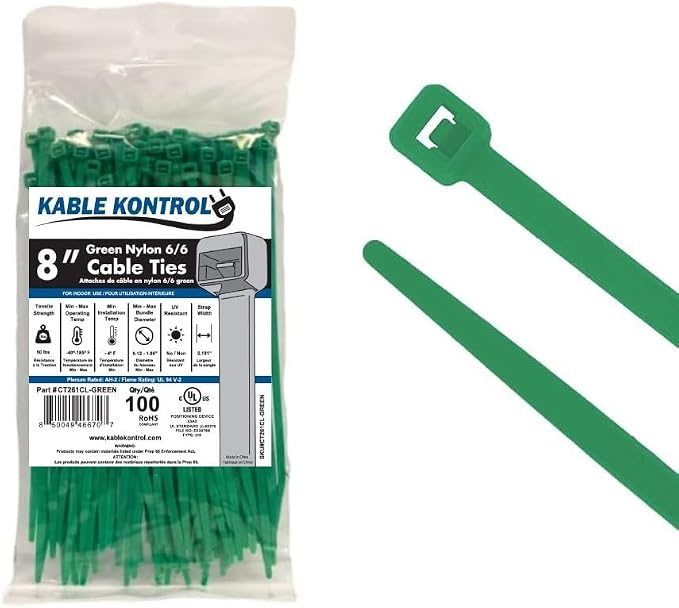 Kable Kontrol Green Zip Ties 8 Inch 100 Pcs, 50 Lbs Tensile Strength, Self-locking Nylon Colored Cable Ties Wire Wraps for Indoor or Outdoor Use