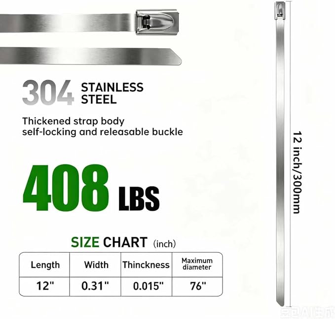 MasiStran Metal Zip Ties 200 Pack 12 Inch, 304 Stainless Steel 408LBS Heavy Duty Zip Ties - Self-Locking Cable Ties for Exhaust Wrap，Chain Link Fence Parts, Outdoor Farms,Pipes