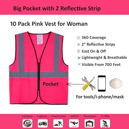Pink Safety Vests 10 Pack - Reflective High Visibility Construction ANSI Class 2 Work Vests for Men,Woman with Zipper,Hi Vis Mesh and Neon Silver
