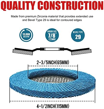 EZARC Zirconia Flap Discs 40 Grit, 4-1/2 x 7/8-Inch, Type 29, 10-Pack