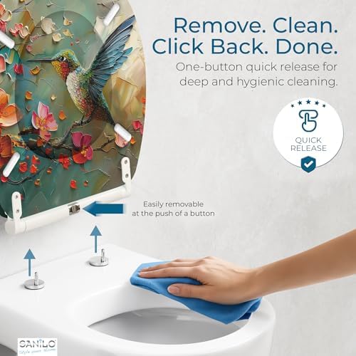 Sanilo Wooden Toilet Seat with Quick Release & Soft Close [ROUND] - Decorative & Slow Close Molded Wood Seat - With One Click for Easy Installation & Cleaning - With Adjustable Fit (Petalo)