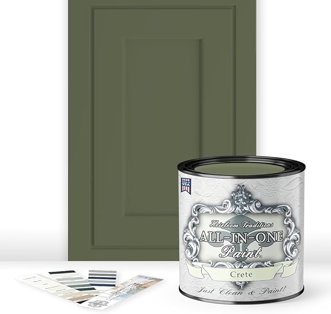 ALL-IN-ONE Paint by Heirloom Traditions, Crete (Olive Green), Quart - Durable cabinet and furniture paint. Built in primer and top coat, no sanding needed. Includes our 30 featured color card.