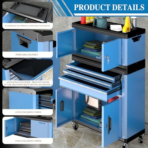 2-IN-1 Rolling Tool Chest with Locks& Multifunctional CounterTop,3 Drawer Rolling Tool Box and Tool Cabinet with Wheels,Tool Chest with Connection Rods,Can Be Used Individually or In Combination