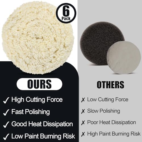 6 PCS Wool Buffing Polishing Pads - 7 Inch Natural Wool Cutting Pads with Hook and Loop Backing Compound & Polishing for Automotive Car Boats Glass Furniture Repair