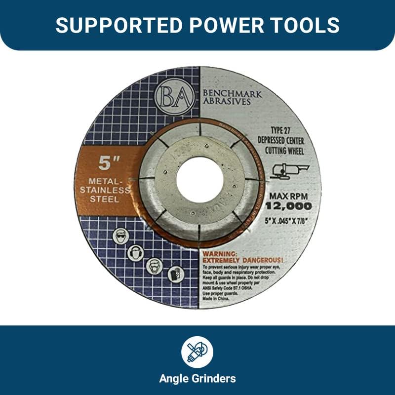 Benchmark Abrasives 5 Inch Cut Off Wheels for Metal, Steel, Fiberglass - Thin Type 27 Depressed Center Angle Grinder Cutting Disc with 7/8" Arbor Hole, Grinder Cutting Wheel - 25 Pack