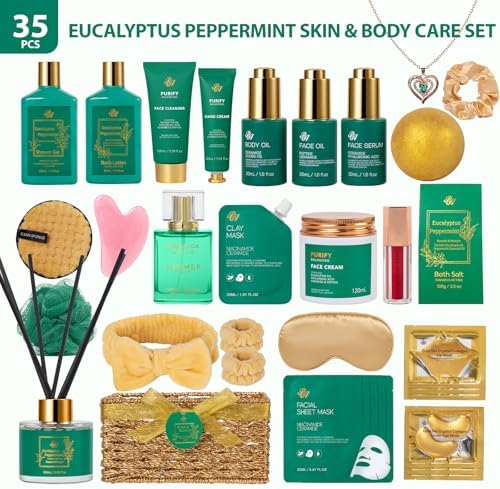 35 Pcs Gifts for Women, Eucalyptus Bath & Body Gift Basket, Self-Care Set