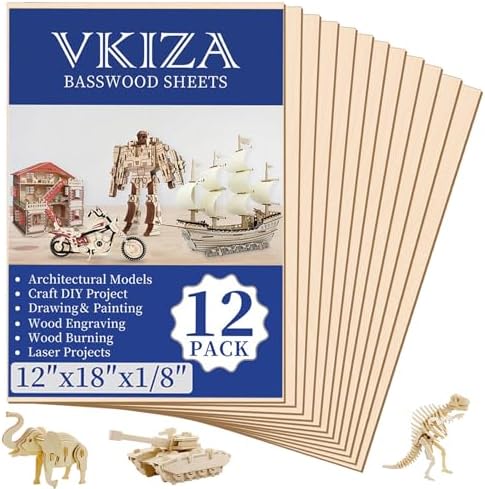 12 Pack Basswood Sheets for Crafts 12 x 18 x 1/8 in, 3mm Thick Unfinished Plywood for Laser Cutting & Engraving, DIY Ornaments and Architectural Model