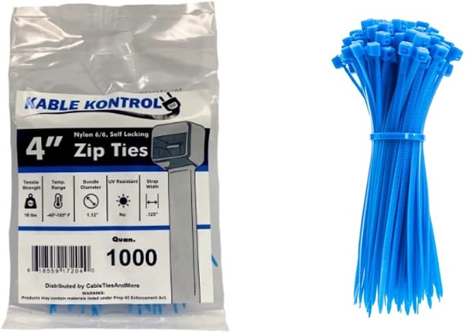 Kable Kontrol Cable Zip Ties, 4 Inch, 1000 Pcs, 18lbs Test, Blue | Nylon Plastic, Self Locking, UL Listed, Indoor Use