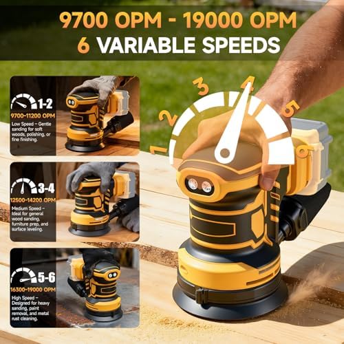 Cordless Sander Compatible with DeWalt 20v Battery, Random Orbit Sanders Brushless Motor 5 Inch with 6 Variable Speed 9700-19000RPM, 20PCS Sanding Discs & Dust Collector for Sanding (No Battery)